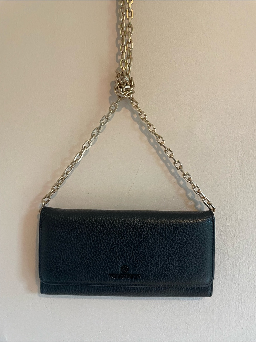 Valentino Black Pebbled Leather Crossbody with Gold Chain Strap